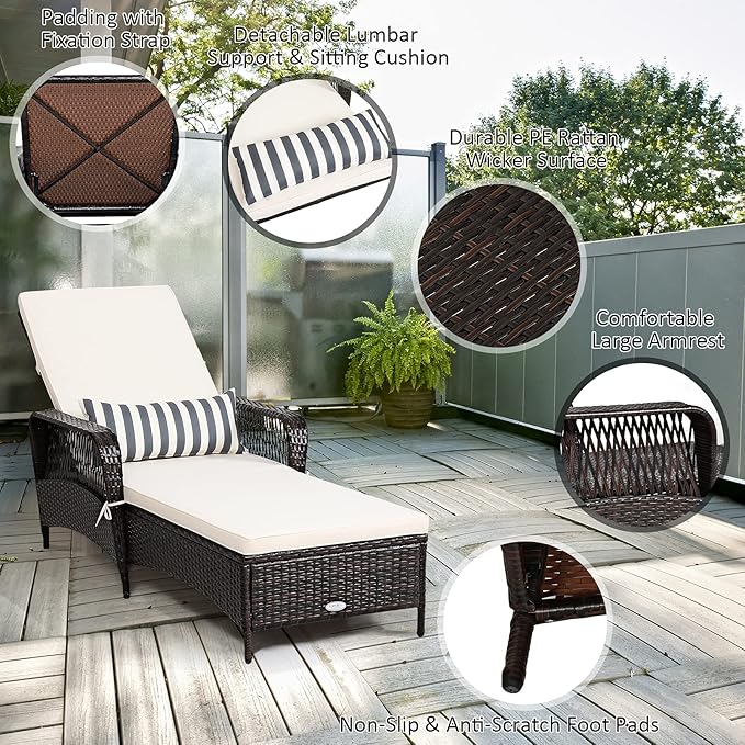 Tangkula Wicker Chaise Lounge Outdoor Set of 2, Patio Rattan Reclining Chaise - Image 7