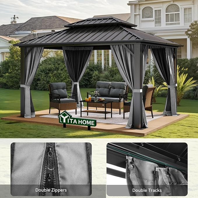YITAHOME 10X12FT Hard Top Metal Gazebo Patios Double Roof Canopy Aluminum Frame - Image 5