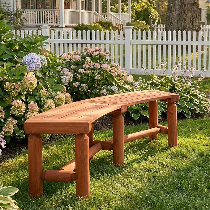 Outdoor Wooden Curved Backless Porch Bench Rustic Style Cedar/Fir Wood Log Fire by FORTUNO