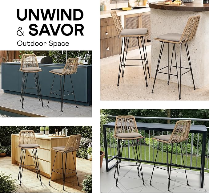 IDZO Outdoor Rattan Bar Stools Set of 2, 42-Inch Tall - Image 5