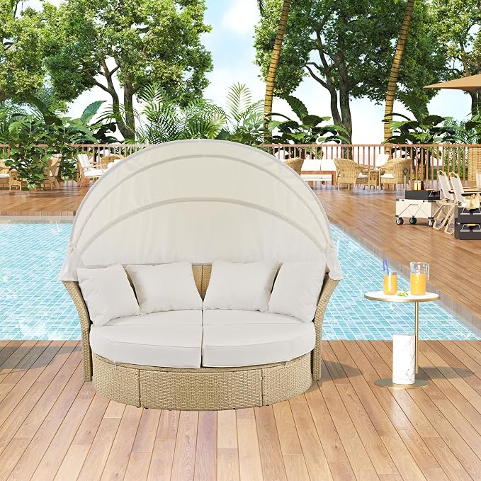 Outdoor Patio Daybed Wicker Rattan Double Daybed Round Sofa Furniture Set - Image 3