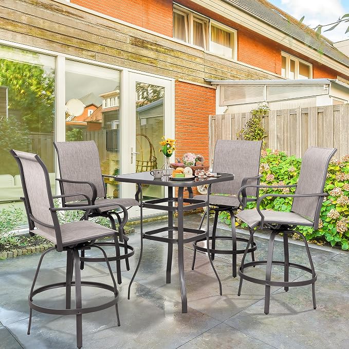 Vongrasig 5 Piece Patio Swivel Bar Set, All Weather Mental Textilene High - Image 7