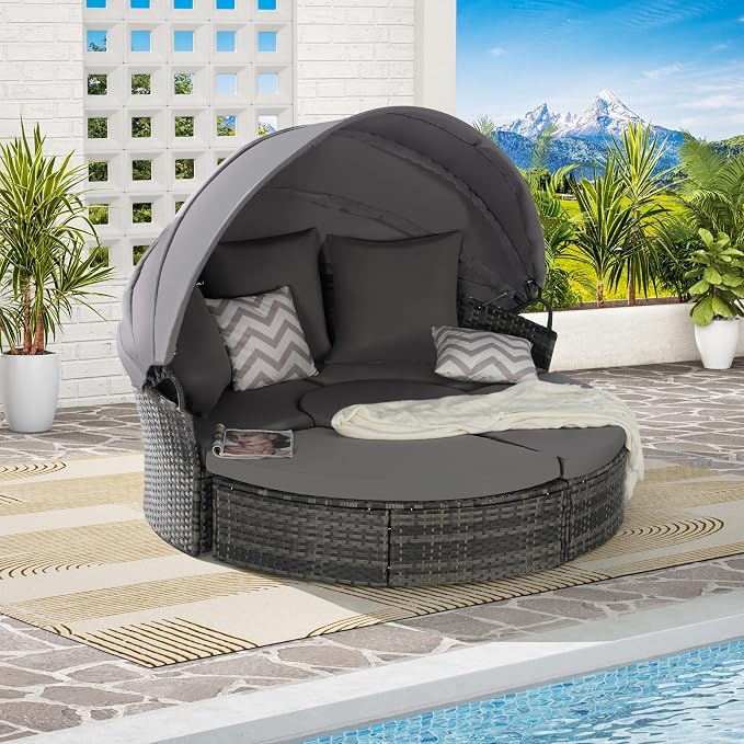 Merax 5 Pieces Outdoor Patio Round Daybed Furniture, All-Weather Wicker by Merax