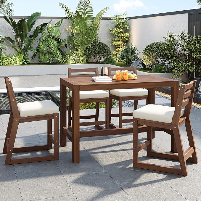Merax 5-Piece Outdoor Patio Bar Set, Acacia Wood Bistro Table and Chairs - Image 2