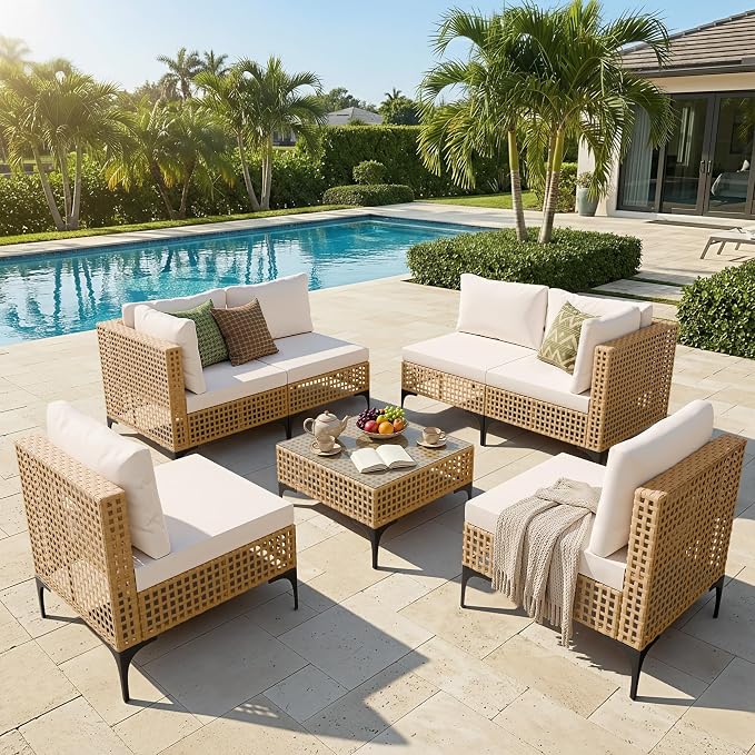 Devoko Patio Furniture Set 7 Piece Outdoor Sectional Sofa Hollow Rattan Patio - Image 7
