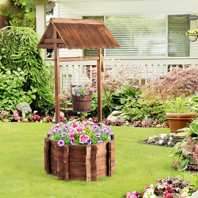 VINGLI Wooden Wishing Well Outdoor Planters, Well Covers by VINGLI