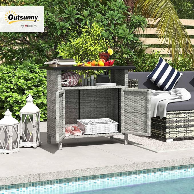 Outsunny Wicker Outdoor Storage Cabinet, Rattan Outdoor Bar Table - Image 2