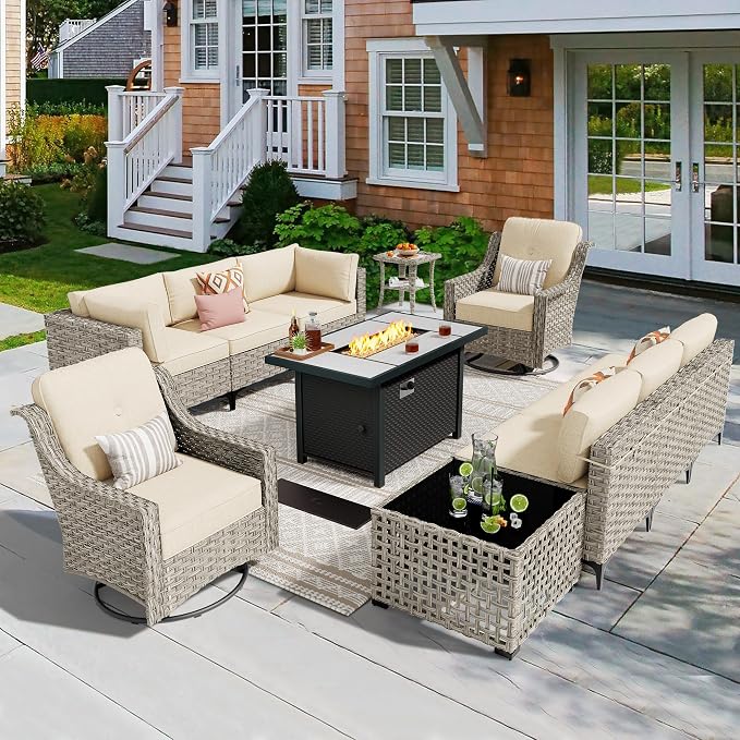 11 Pieces Outdoor Patio Furniture Set, Rattan Wicker Sectional Swivel Rocker by CAODOCPatioFurniture