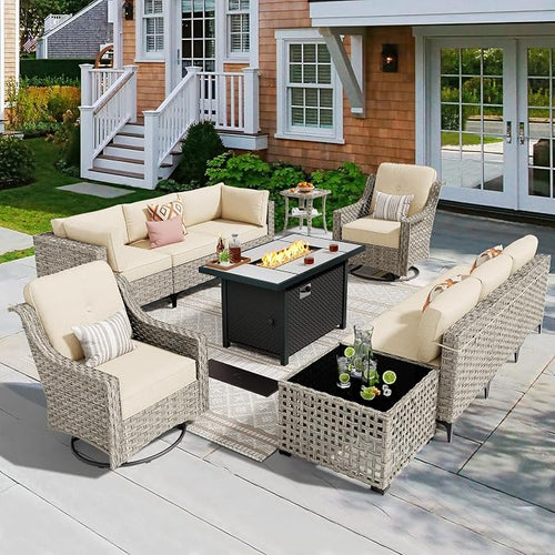 11 Pieces Outdoor Patio Furniture Set, Rattan Wicker Sectional Swivel Rocker by CAODOCPatioFurniture