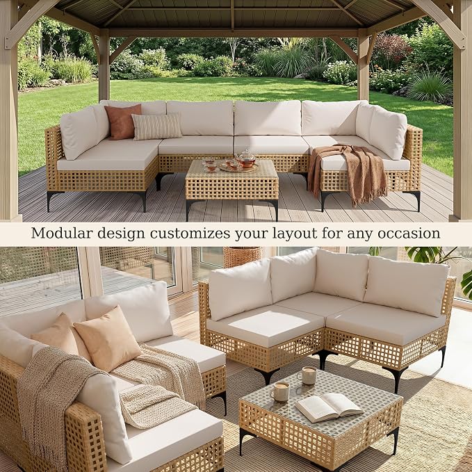 Devoko Patio Furniture Set 7 Piece Outdoor Sectional Sofa Hollow Rattan Patio - Image 4