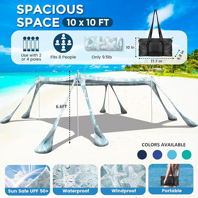 Beach Canopy Beach Tent Pop Up Shade 10x10ft Sun Shelter UPF50+ - Image 2