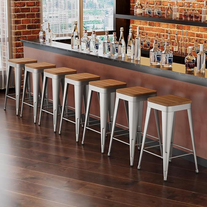 Bar Stools Set of 4 Metal Bar Stool Counter Height Bar Stools Sliver, Modern - Image 3