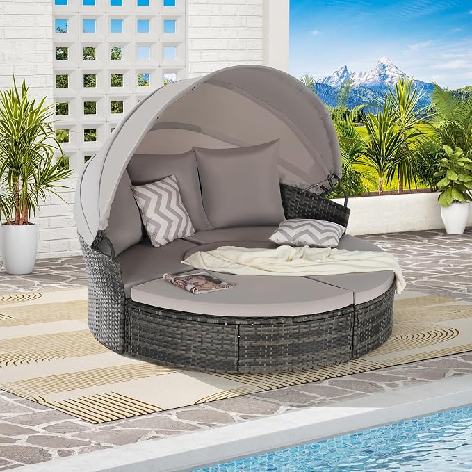 Merax 5 Pieces Outdoor Patio Round Daybed Furniture, All-Weather Wicker by Merax