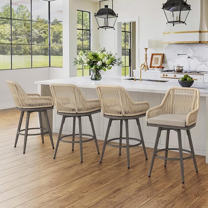 Outdoor Bar Stools Set of 6, 360° Swivel Aluminum Rattan Bar Stool - Image 3