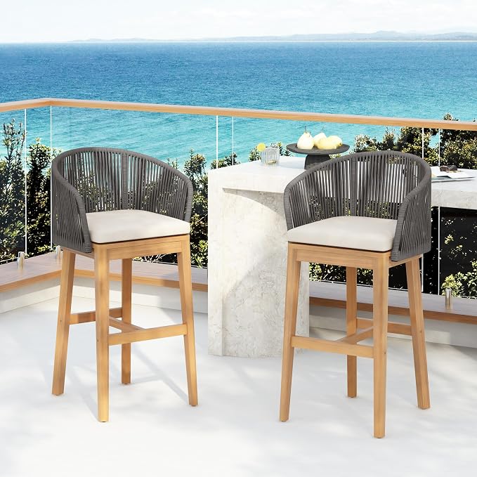 Christopher Knight Home Zax Set of 2 Patio Barstool, Acacia Wood & Rope Outdoor by ChristopherKnightHome