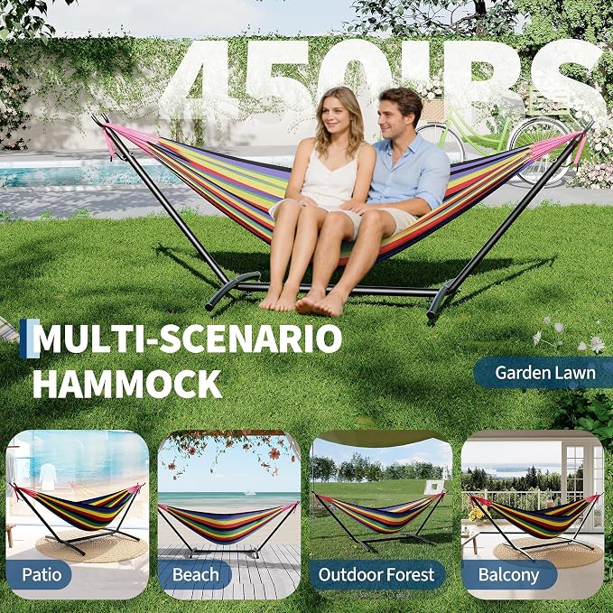Double Hammocks with Stand for Outside, Portable Space Saving Heavy-Duty Steel - Image 6