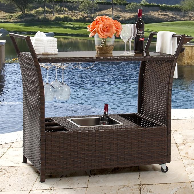 Best Choice Products Outdoor Rolling Wicker Bar Cart w/Removable Ice Bucket - Image 2