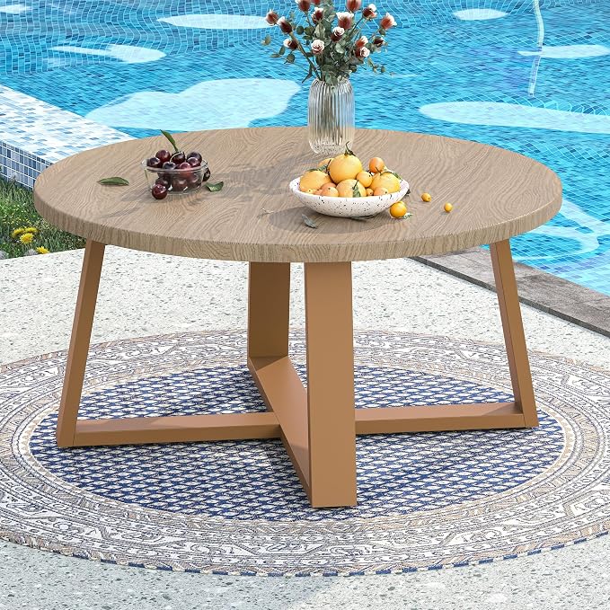 Indoor Round Coffee Table with 35.5” Woodgrain Finish Table Top, Outdoor Metal by COMLAXFIELD