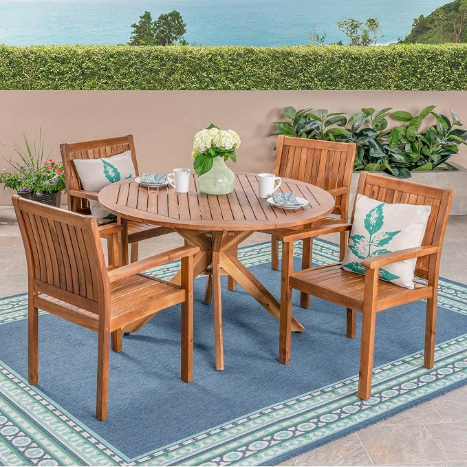 Christopher Knight Home Kally Outdoor Five Piece Acacia Dining Set, Teak Finish - Image 2