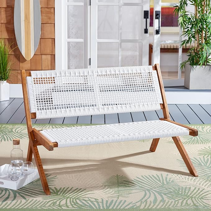 SAFAVIEH Outdoor Collection Kobina Natural Acacia Wood/White Rope Foldable Bench - Image 2