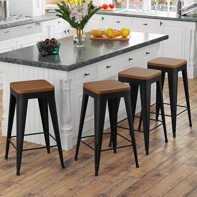 Bar Stools Set of 4 Metal Bar Stool Counter Height Bar Stools Black, Modern 24" - Image 3