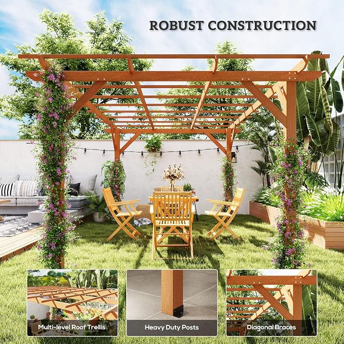 Outsunny 10' x 13' Outdoor Pergola, Wood Gazebo Grape Trellis - Image 5