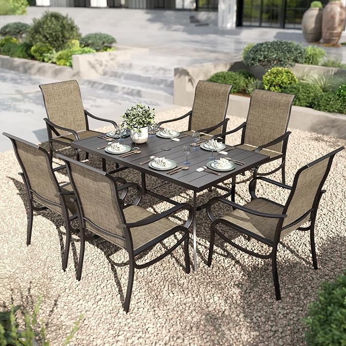 PHI VILLA Outdoor Dining Set for 6 Person, Rectangle Metal Slat Table by PHIVILLAThepioneerofcomfortablehouseholdsupplies