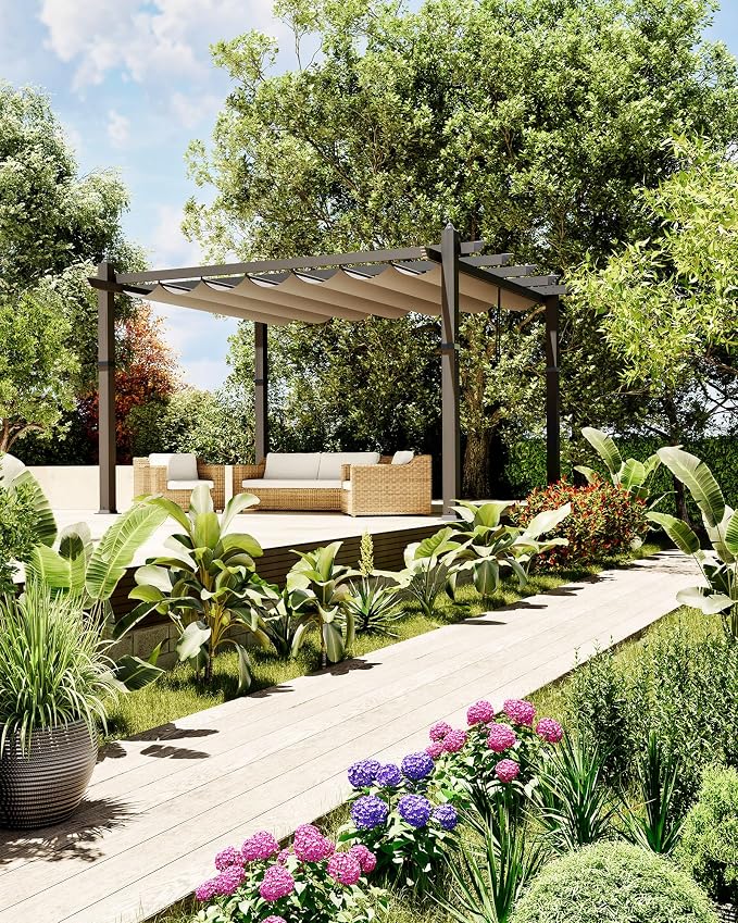 10x13 Ft Aluminum Pergola with Retractable Canopy Metal Gazebo - Image 6