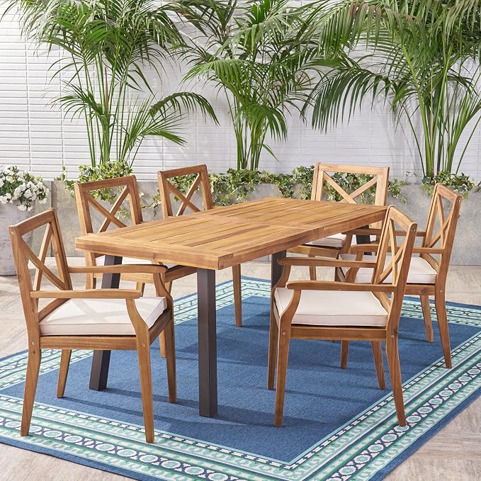 Christopher Knight Home Justin Outdoor 7 Piece Acacia Wood Dining Set, Teak - Image 3