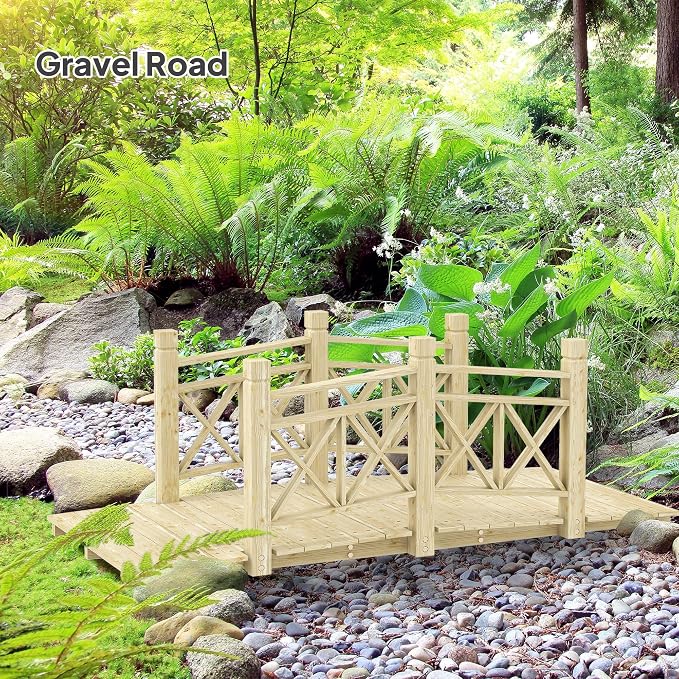 5FT Wooden Garden Bridge with Handrails, Decorative Landscape Footbridge - Image 6