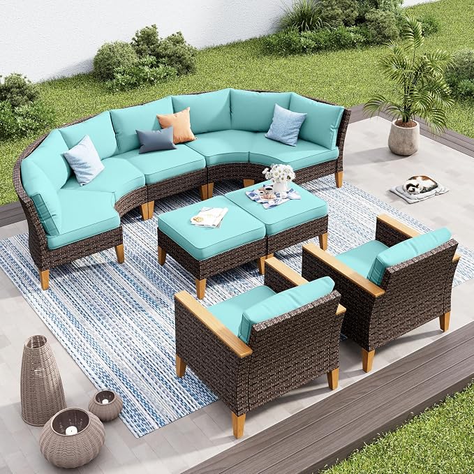 PHI VILLA 7-Piece Wicker Patio Furniture Set, Outdoor Half-Moon Curved - Image 9
