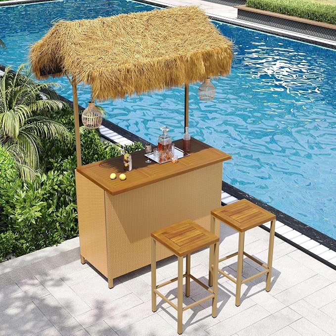 LUMISOL Outdoor Bar Table and Stools, Hawaiian Style Bar Height Patio Set - Image 2