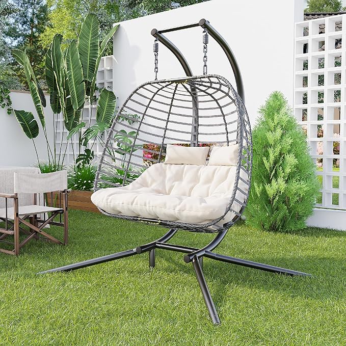 Double Hanging Egg Chair wth Stand, Patio Hammock Swing Chair - Image 6