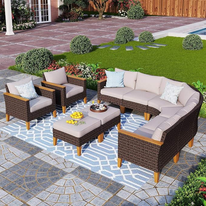 PHI VILLA 9-Piece Wicker Patio Furniture Set, Outdoor Half-Moon Curved - Image 9