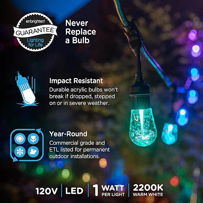 Enbrighten Vintage Outdoor String Lights, 12 RGB Acrylic Bulbs, Weatherproof - Image 2