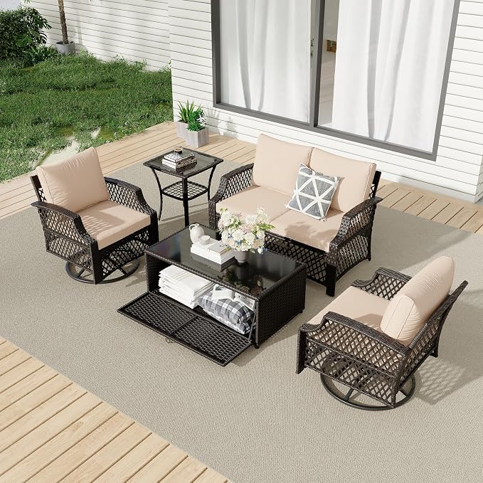 HOMREST 5 Piece Patio Furniture Set, Wicker Outdoor Conversation Sofa Set by HOMREST