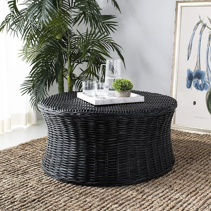 SAFAVIEH Home Collection Ruxton Black Rattan Round Coffee Table Ottoman - Image 2