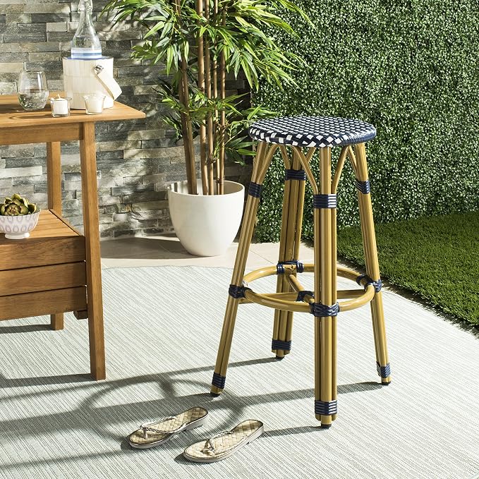 Safavieh PAT4018A Collection Kelsey Navy and White Indoor/Outdoor Bar Stool - Image 2