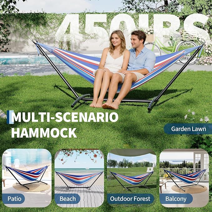 Double Hammocks with Stand for Outside, Portable Space Saving Heavy-Duty Steel - Image 6