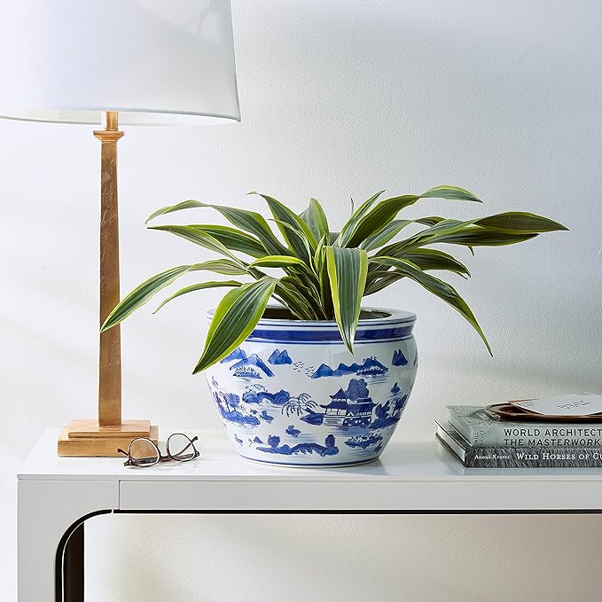 Red Lantern 12" Landscape Blue & White Porcelain Fishbowl Planter or Cachepot - Image 2