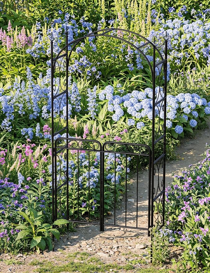 8 ft Metal Garden Arch with Gate, Elegant Wedding Archway - Image 2