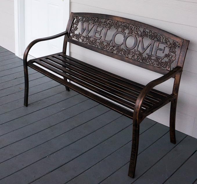 Leigh Country Metal Outdoor Bench, Welcome Design, Decorative Patio Seating - Image 5