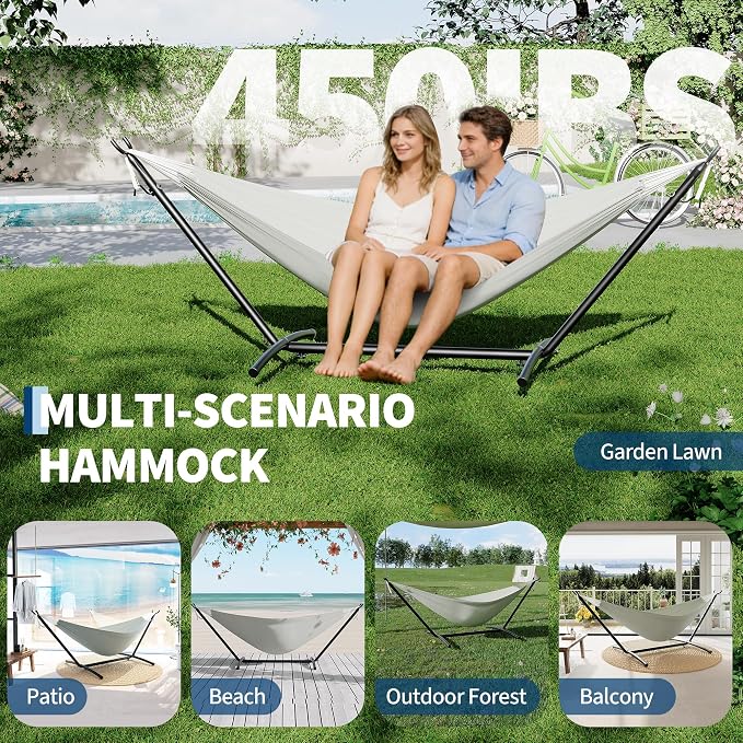 Double Hammocks with Stand for Outside, Portable Space Saving Heavy-Duty Steel - Image 6