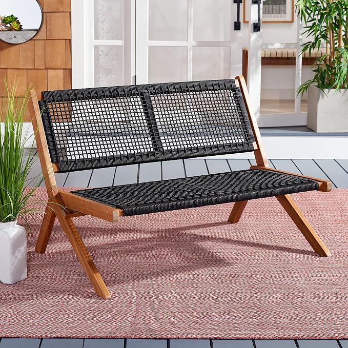 SAFAVIEH Outdoor Collection Kobina Natural Acacia Wood/Black Rope Foldable Bench - Image 2