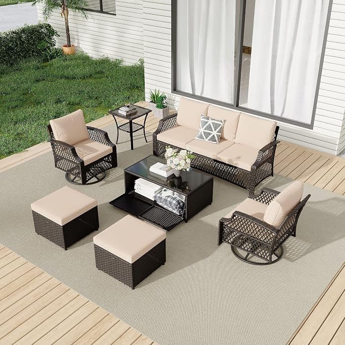 HOMREST 7 Piece Patio Furniture Set, Wicker Outdoor Conversation Set by HOMREST
