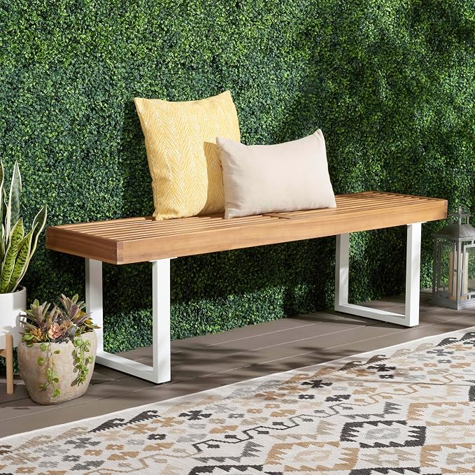 SAFAVIEH Outdoor Collection Monti Natural/White Solid Wood Bench - Image 2