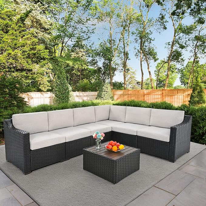 HAPPATIO 7 Piece Patio Conversation Set, Rattan Wicker Outdoor Sectional Sofa by HAPPATIO