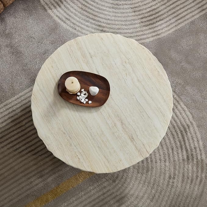 Round Coffee Table, 31.69" Fiberglass Faux Marble Pattern Imitation Stone Table - Image 4