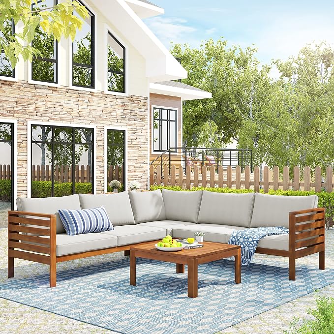 Outdoor Eucalyptus Wood 4 Piece Sectional Sofa Set - Image 2