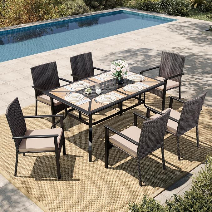HERA'S HOUSE Patio Dining Sets for 6, Outdoor Rattan Chairs and Wood-Like Table by HERASHOUSE